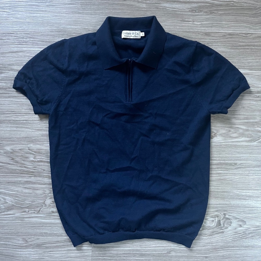 Collars & Co Mens Navy Blue 100% Merino Wool Quarter Zip Short Sleeve Polo Large